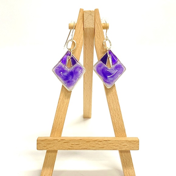 HANDMADE Abstract Geometric Resin Art Dangle Sterling Silver French Hook Earring - Picture 9 of 9